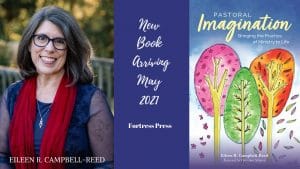 Diptych with a profile photo of Eileen Campbell-Reed (left) and the book cover for Pastoral Imagination on the opposite side (right)